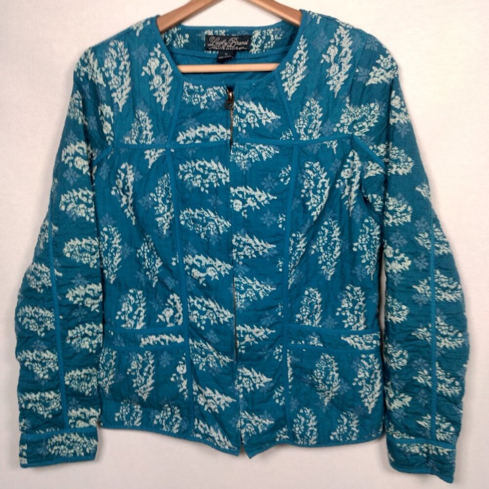 Lucky Brand Live In Love Jacket Blue Leaf Batik Quilted Zip Up Boho Hippie Artsy